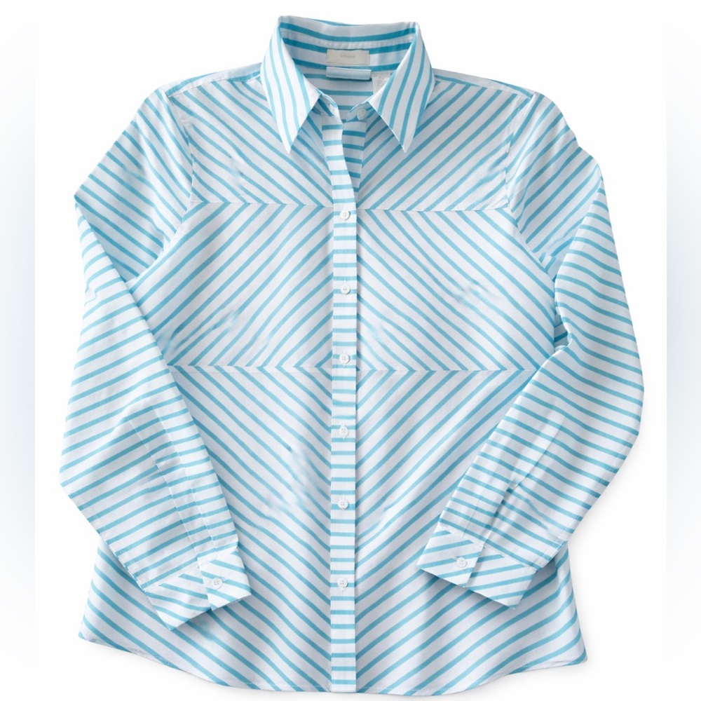 Chico's No Iron button down shirt blouse Turquoise White size 4